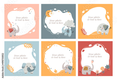 Elephant set of frames for kids photos, templates or invitations