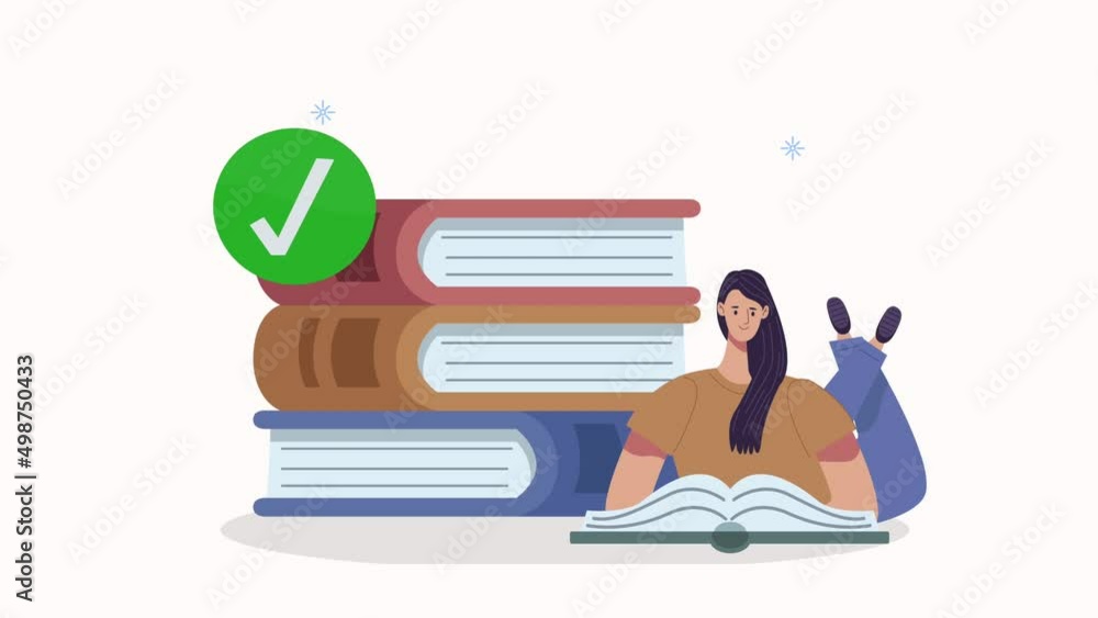 young student girl reading book and pile books young student girl reading book and pile books