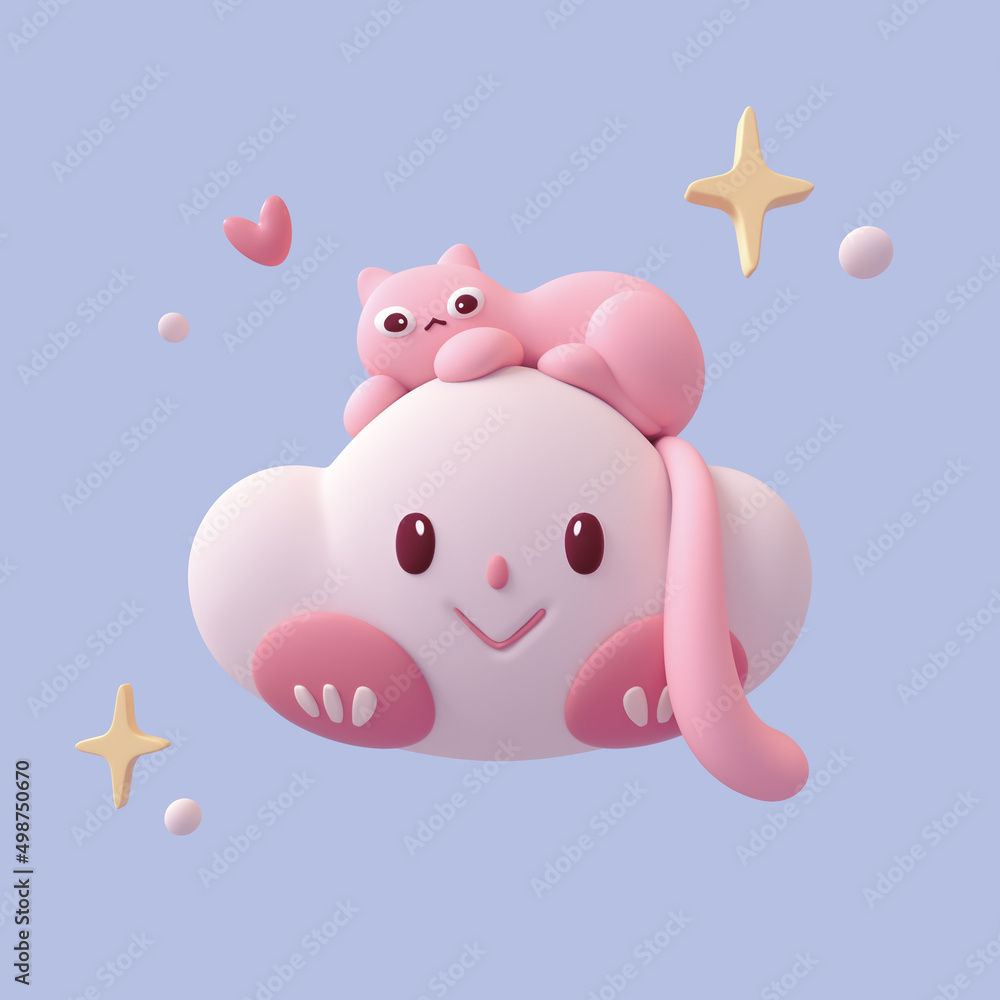 Fluffy pink cartoon cat lies on white cloud floating in air blue space with bubbles, stars, heart shape. Kawaii cloud with smiling face, eyes, nose, red cheeks. I Love You. 3d render in minimal style Fluffy pink cartoon cat lies on white cloud floating in air blue space with bubbles, stars, heart shape. Kawaii cloud with smiling face, eyes, nose, red cheeks. I Love You. 3d render in minimal style