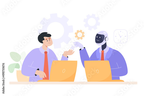 Office person smiling at robot character in workplace. Future of workforce, human and cyborg working together on computer flat vector illustration. Friendship, AI concept for banner, website design