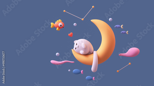 Fat fluffy kawaii white happy cat sleeps on yellow moon dreams of a goldfish floating in the air with pink clouds, red heart shape, bubbles, stars, small fishes. I love you. 3d render on blue backdrop