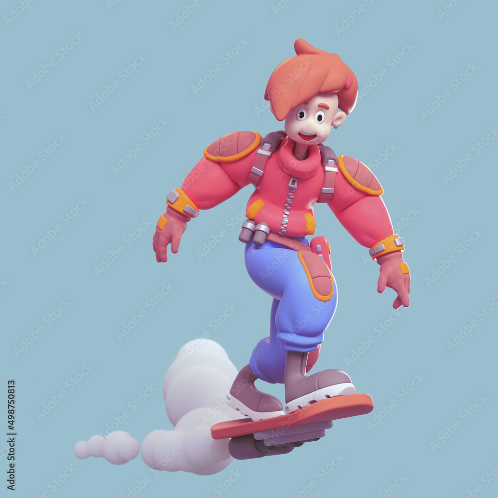 Funny kawaii positive teenage girl with an open smiling mouth wears short red puffer jacket, blue jeans rides futuristic sci-fi skateboard flying in air. Internet surfing. 3d render in minimal style. Funny kawaii positive teenage girl with an open smiling mouth wears short red puffer jacket, blue jeans rides futuristic sci-fi skateboard flying in air. Internet surfing. 3d render in minimal style.