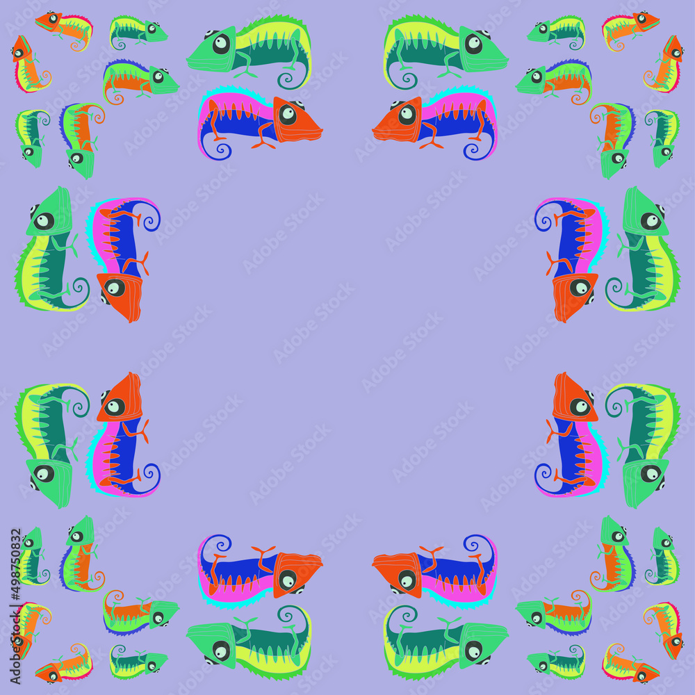 Stylized colored chameleons. Hand drawn. Stylized colored chameleons. Hand drawn.