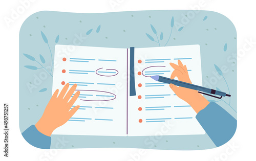 Hands of student doing test or writing in planner. Person writing in notebook with pen and highlighting information flat vector illustration. Education, planning concept for banner or landing web page