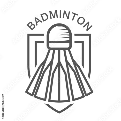 Badminton shuttlecock over shield, stylized badminton emblem or blazon, vector