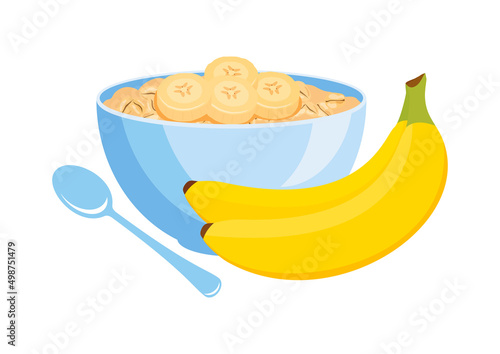 Bowl of banana oatmeal icon vector. Healthy cereal breakfast with banana fruit icon vector isolated on a white background. Oat flakes breakfast design element