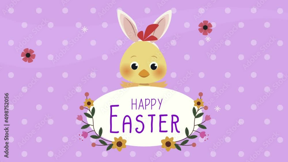 happy easter lettering with chick wearing ears rabbit