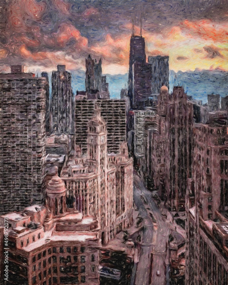Fototapeta premium Real painting modern artistic artwork Chicago USA drawing in oil city center skyscrapers and architecture, America travel downtown, wall art print for canvas or paper poster, tourism production design