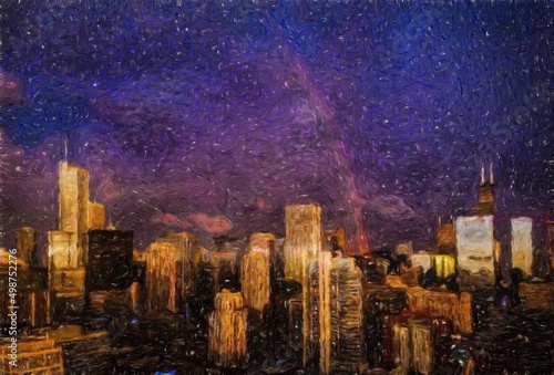 Real painting modern artistic artwork Chicago USA drawing in oil city center skyscrapers and architecture, America travel downtown, wall art print for canvas or paper poster, tourism production design