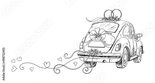 Bilde på lerret Wedding car with ribbons and flowers in sketch style