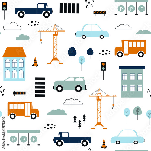Cartoon city street seamless pattern. Baby creative print in Scandinavian style. Vector car, building, trees, road sign, parking, clouds. Wallpaper for the childish room. Wall sticker.