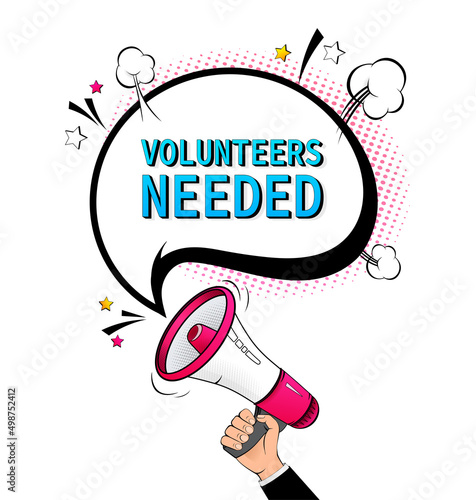 Blue volunteers needed megaphone on white background for flyer design. Vector illustration in pop style