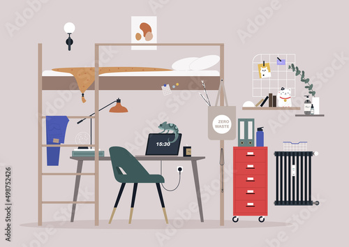 A home office interior with a bunk bed and other furniture, no people