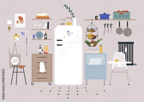 An ornate kitchen interior with a fridge, shelves, drawers, and cooking equipment hanging on the walls