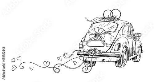 Wedding car with ribbons and flowers in sketch style. Wedding illustration for invitations and cards, newlyweds. Vector illustration isolated on white background.