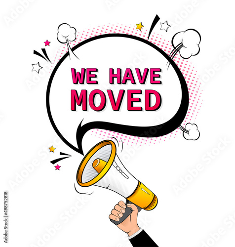 We have moved megaphone on white background for flyer design. Vector illustration in pop style