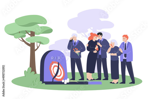Sad family in mourning clothes crying near tombstone. Cartoon people standing next to headstone in graveyard flat vector illustration. Funeral, death concept for banner, website design or landing page