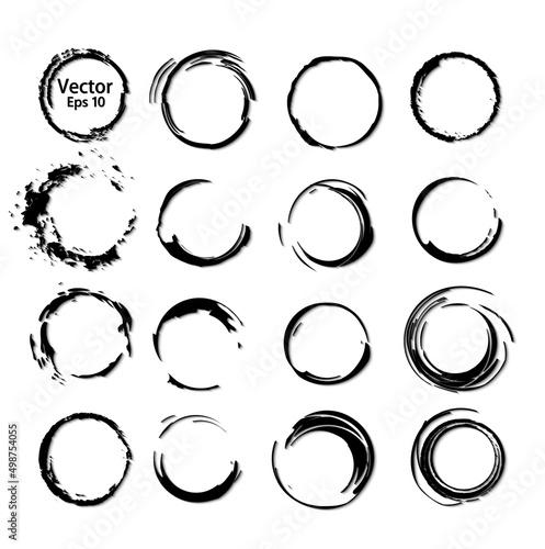 Vector set of processed ink black brushes for creating closed frames of any shape. Collection of monochrome textured grunge painted circular rings. To create frames, borders, dividers, banners