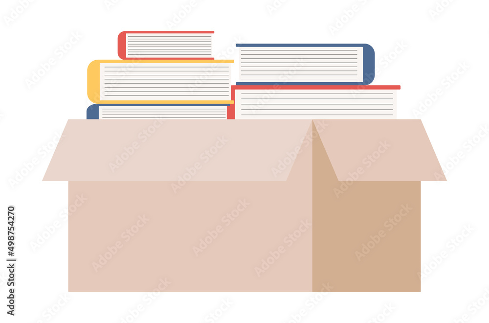 Cardboard box with books icon. Stacks or pile of books packed in container sign. Favorite book. Reading. Vector flat illustration Cardboard box with books icon. Stacks or pile of books packed in container sign. Favorite book. Reading. Vector flat illustration
