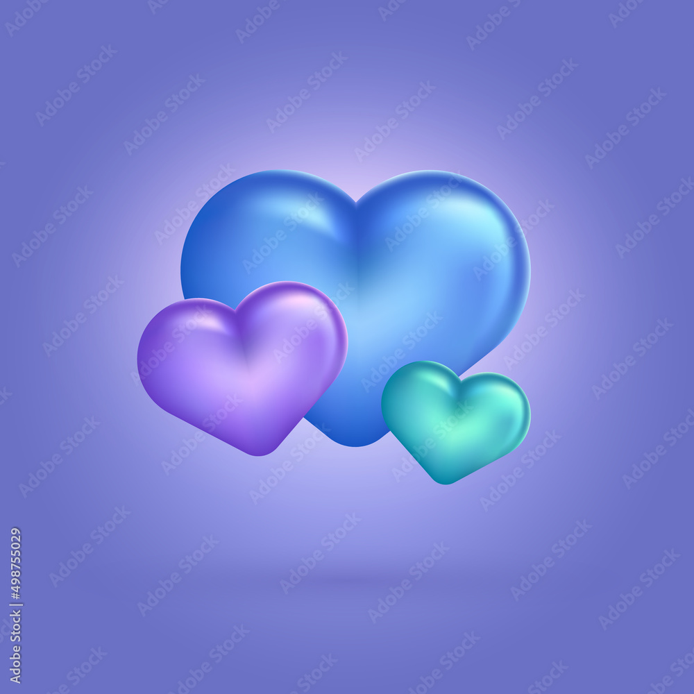 3d rendering background with blue, purple and cyan glossy hearts. Passion, love, romance, valentine concept. Vector illustration with chubby hearts EPS 10.
