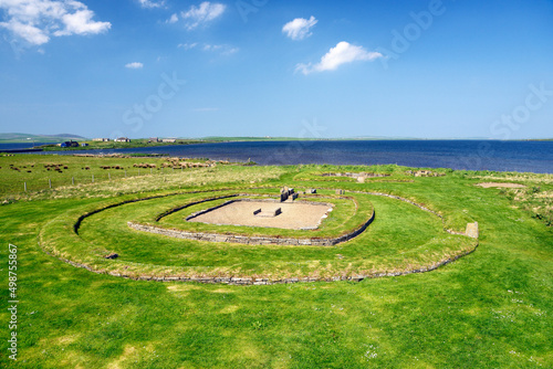 Barnhouse prehistoric settlement site at Stenness, Orkney, Scotland. Recently excavated 5000 year old ceremonial enclosure on shore of Loch of Harray photo