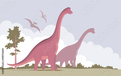 Big brachiosaurus with a long neck. Herbivorous dinosaur of the Jurassic period. Vector cartoon illustration. Prehistoric nature background. Wild landscape