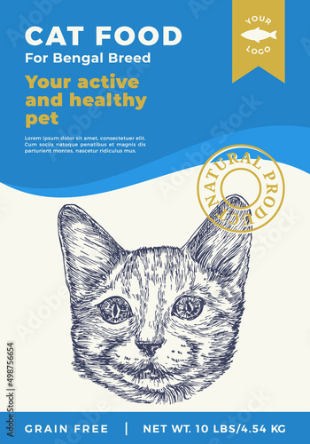 Cat Food Label Template. Abstract Vector Packaging Design Layout. Modern Typography Banner with Hand Drawn Bengal Breed Face Sketch Background. Isolated