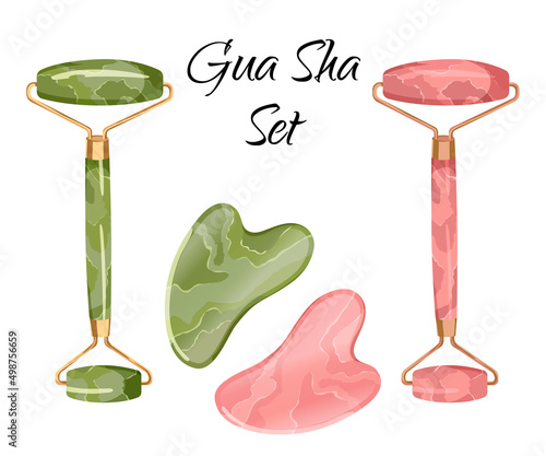 A set of a facial roller and gua sha scraper in green jade and rose quartz. Isolated vector illustration.