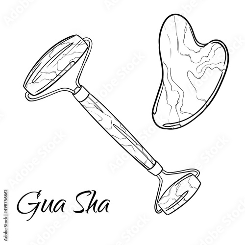 A set of roller and scraper gua sha made of stone. Isolated hand drawn vector illustration.