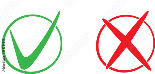 Green check mark, red cross mark icon set. Isolated tick symbols, checklist signs, approval badge. Flat and modern checkmark design, vector illustration.