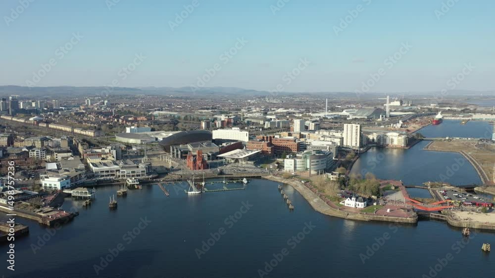 Aerial view of Cardiff Bay, the Capital of Wales, United Kingdom 2022 on a clear sky spring day Aerial view of Cardiff Bay, the Capital of Wales, United Kingdom 2022 on a clear sky spring day