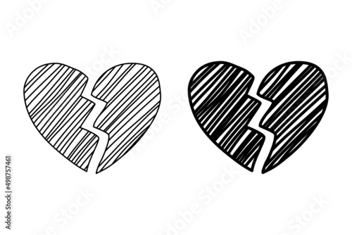 Broken heart hand drawn on white background.