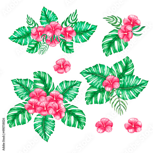 Watercolor tropical leaves and hibiscus flowers in bouquets on a white background