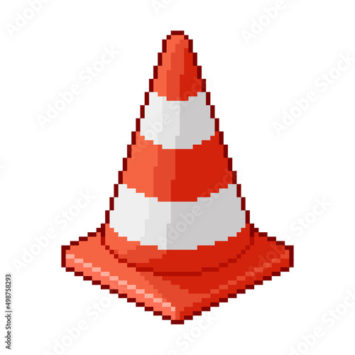 colorful simple vector flat pixel art illustration of red and white traffic cone photo