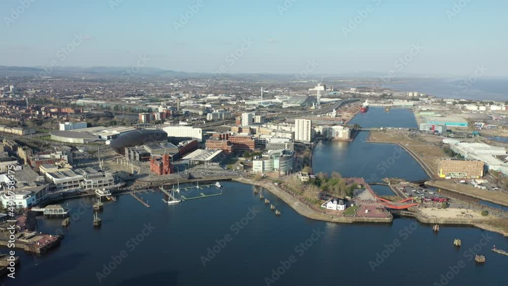 Aerial view of Cardiff Bay, the Capital of Wales, United Kingdom 2022 on a clear sky spring day Aerial view of Cardiff Bay, the Capital of Wales, United Kingdom 2022 on a clear sky spring day