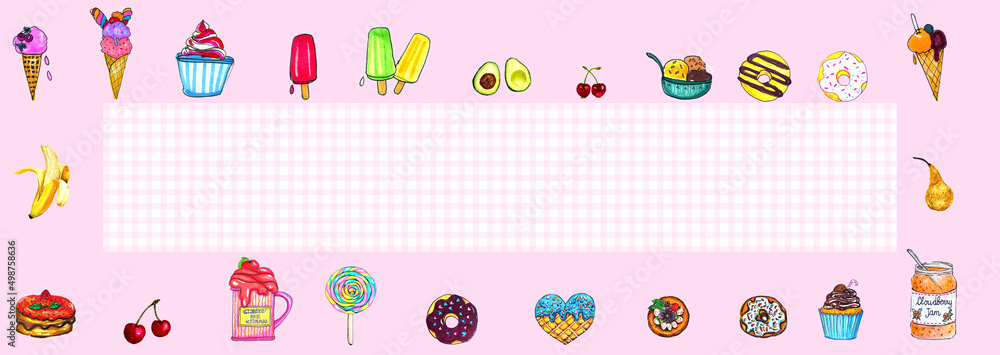 Banner con dolciumi misti, su sfondo a quadretti e cornice rosa Banner con dolciumi misti, su sfondo a quadretti e cornice rosa