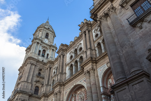 Detailed view at the front facade at the Malaga Cathedral or Santa Iglesia Catedral Basílica de la Encarnación, and Obispo square © Miguel Almeida