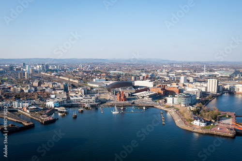 Aerial view of Cardiff Bay, the Capital of Wales, United Kingdom 2022 on a clear sky spring day