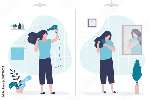 Cute girl combing her long black hair after washing. Female character dries hair with dryer