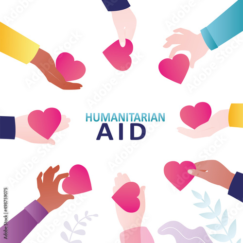 Different hands holding hearts. Humanitarian aid and volunteering concept. Help and support for people in difficult situations