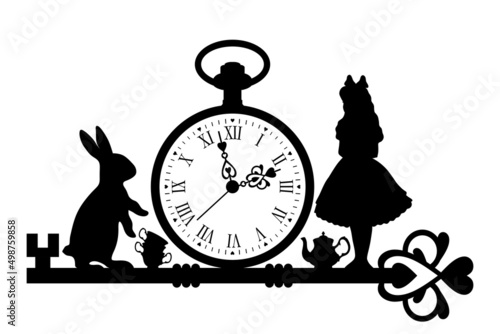 Tea time in Wonderland. White rabbit and Alice . vector illustration, black silhouettes isolated on a white back