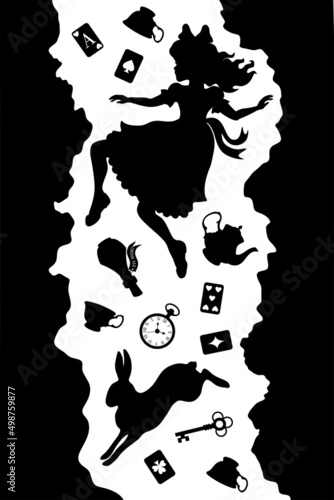 Alice falls down the rabbit hole. vector illustration of wonderland. black silhouettes isolated on a white background