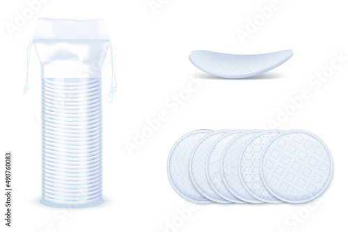 Cotton round cosmetic pads and packaging realistic vector set on white background. 