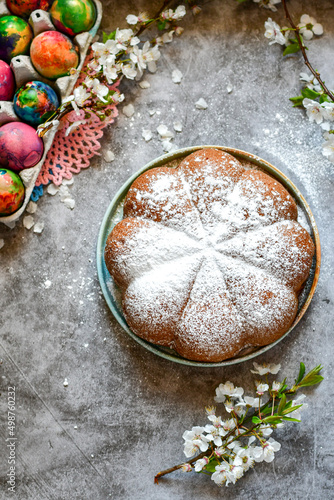 Photography Easter hand painted eggs, and    Traditional italian easter   bread cake