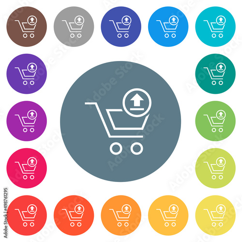 Cart upload outline flat white icons on round color backgrounds