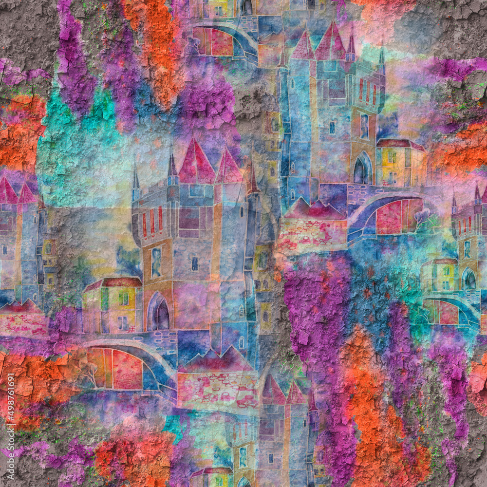 Graffiti on wall. Castle with watercolor background. Seamless pattern.