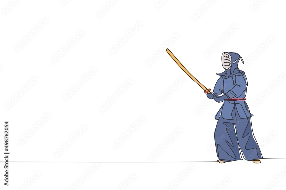 Single continuous line drawing of young sportive man practicing kendo stance pose martial art skill on gym sport center. Fighting sport concept. Trendy one line draw design vector graphic illustration Single continuous line drawing of young sportive man practicing kendo stance pose martial art skill on gym sport center. Fighting sport concept. Trendy one line draw design vector graphic illustration