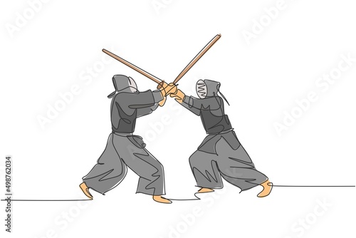 One continuous line drawing of two young sporty men training kendo attack and defense skill in dojo center. Healthy martial art sport concept. Dynamic single line draw design vector illustration