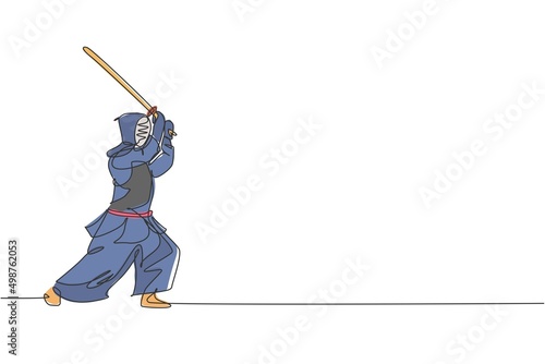 One single line drawing of young energetic man exercise attack skill on kendo with wooden sword at gym center vector illustration. Combative fight sport concept. Modern continuous line draw design