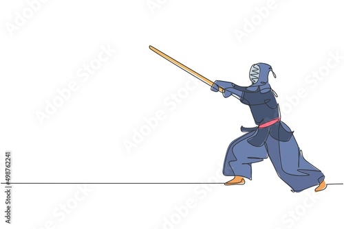 One single line drawing young energetic man exercise attack kendo skill with wooden sword at gym center graphic vector illustration. Combative fight sport concept. Modern continuous line draw design